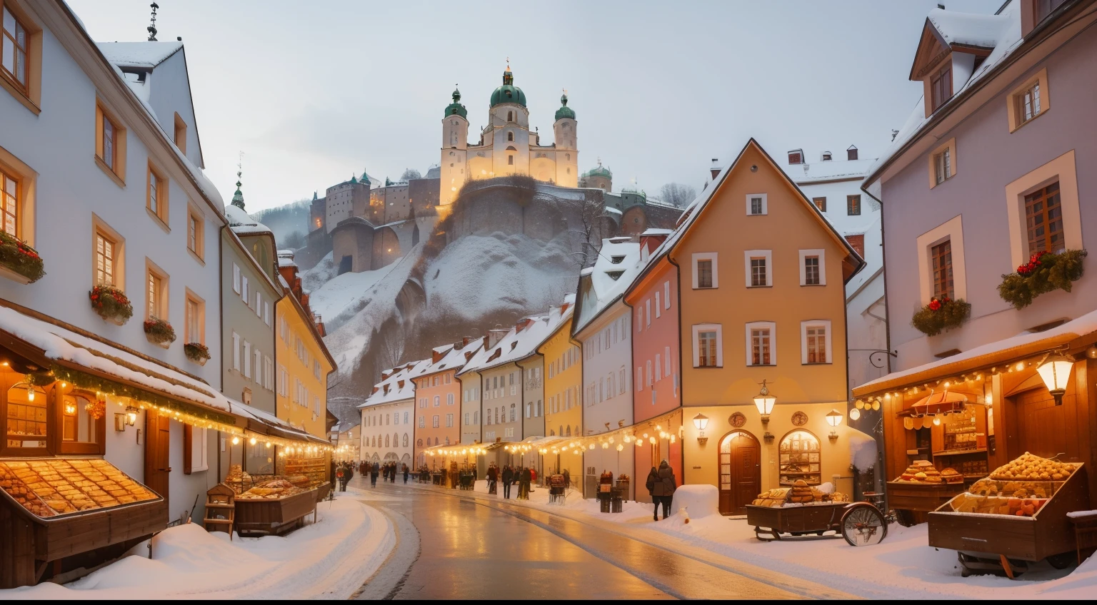 December. Salzburg, Austria. Altstadt charm. Hohensalzburg Fortress lights. Makartsteg Bridge sparkle. Roasted chestnuts scent. Charming market stalls. Cozy Cafes, glowing warmth. Getreidegasse windows beckon. Cobbled streets, powdered snow