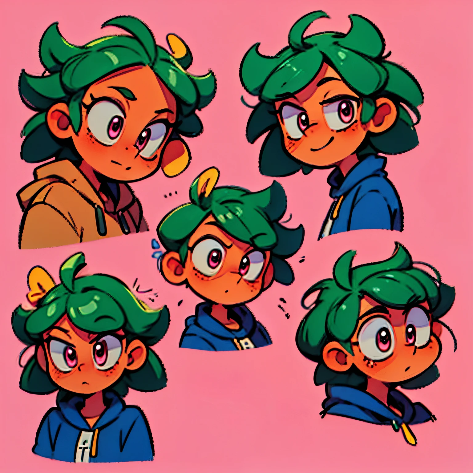 very happy anime female head icon short green hair pink eyes looking diagonal right up no background