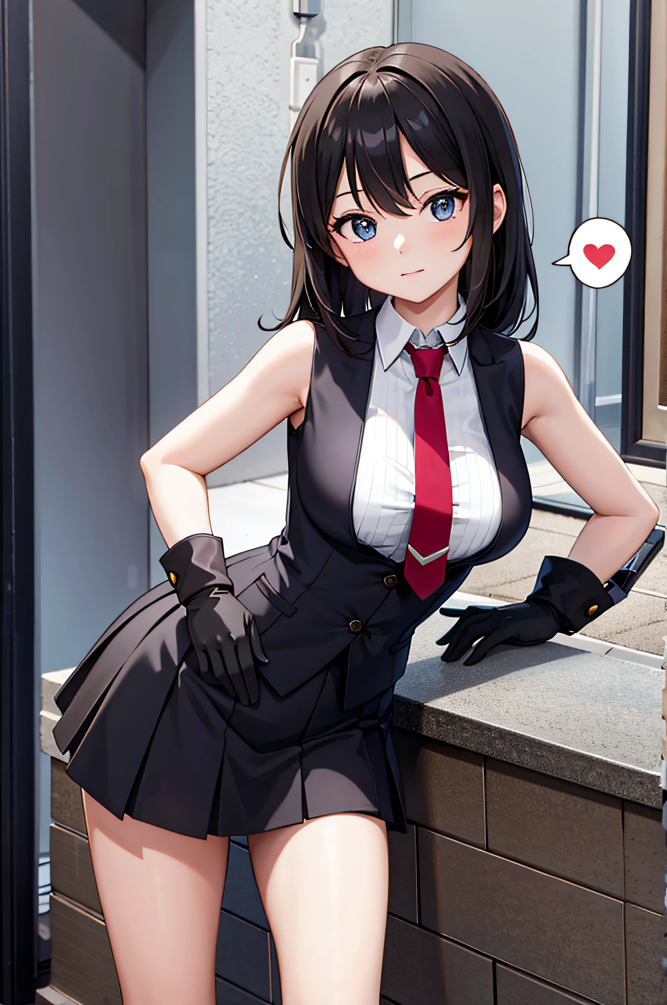 masterpiece, best quality, high resolution, extremely detailed, detailed background, cinematic lighting, 1girl, looking at viewer, original outfit, spoken heart, necktie, black gloves, breasts, skirt, shirt, sleeveless, hand on hip, leaning forward, :i, outdoors, hand on own knee,