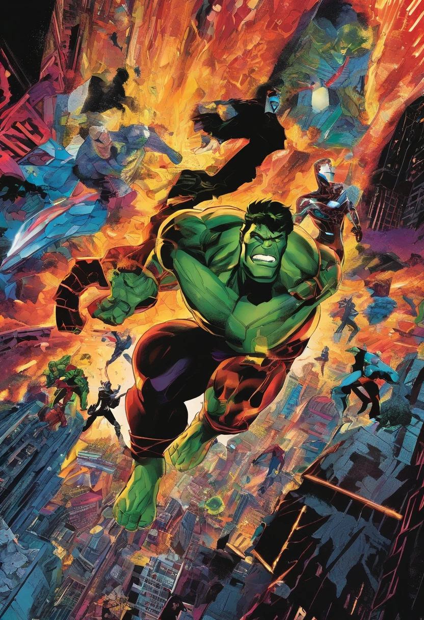 Homem-Aranha, Hulk, Homem de ferro, THOR, Black Widow was involved in an epic showdown on top of a destroyed mountain, shiny skyscraper, between cascading neon lights, Roda, Vibrant cosmic tones, maravilha'The best heroes face explosive energy, Rendered in breathtaking 8k resolution, ultra-detalhado, semelhante a Alex Ross'Iconic realism.