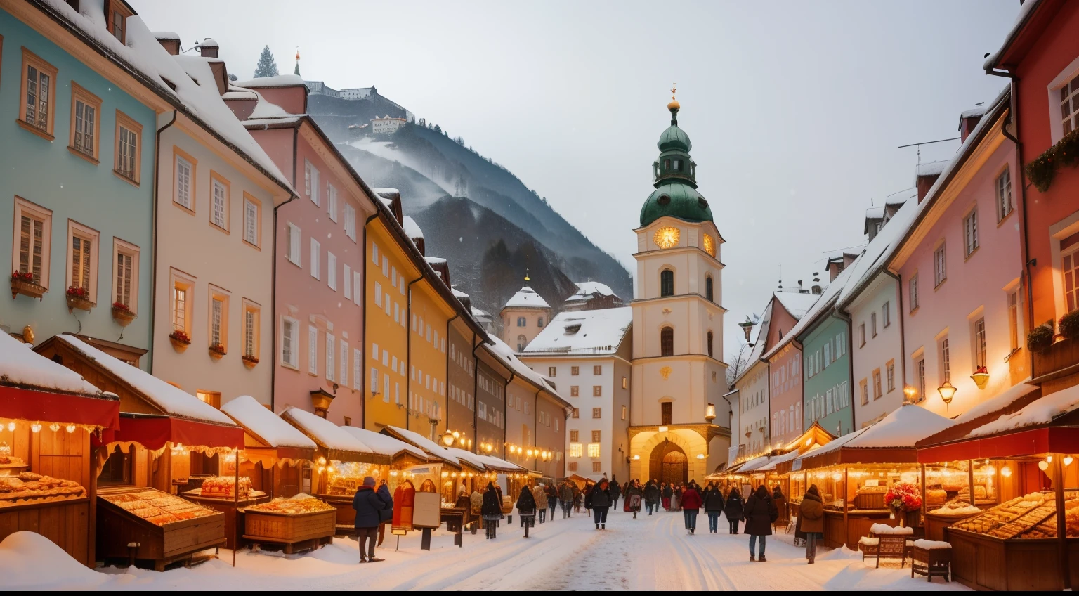 December. Salzburg, Austria. Altstadt charm. Hohensalzburg Fortress lights. Makartsteg Bridge sparkle. Roasted chestnuts scent. Charming market stalls. Cozy Cafes, glowing warmth. Getreidegasse windows beckon. Snowfall dusts the cobbled streets.