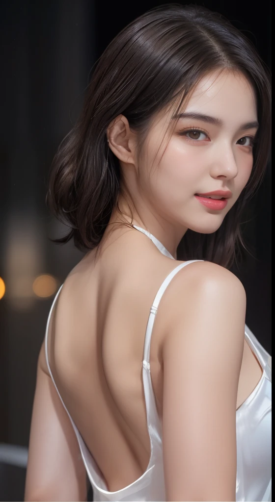 8K, masutepiece, Raw photo, Best Quality, Photorealistic, extremely detailed CG unified 8k wallpaper, depth of fields, Cinematic Light, Lens Flare, Ray tracing, (Extremely beautiful face, Beautiful lips, Beautiful eyes), intricate detail face, ((Ultra detailed skin)) 1girll, In the Dark, deepshadow, Pretty Korean girl, Kpop Idol, 1 girl, (very slim and slender muscular body:1.3), ((view the viewer)),(Big smile:1.3), (Fashion Night, a dark night, (Neon Light Sign), (Blurred background), Fashion Street Night),(No one is in the background:1.3), Beautiful earrings, bangle, Necklace, pantyhose, Clear eyes, Walking, (pale skin), (Big eyes), Face forward, (Brown hairs), (Full body shot), ((silk transparent low cut dress:1.3)), ((tight dresses)), ((laced dress)), (view the viewer:1.3) opened breast, Very slim, Round breasts, turn back, (Back shot), peach ass，ass forcus, Before the eyebrows,(Tight Dress), Slender thighs, Mini dress