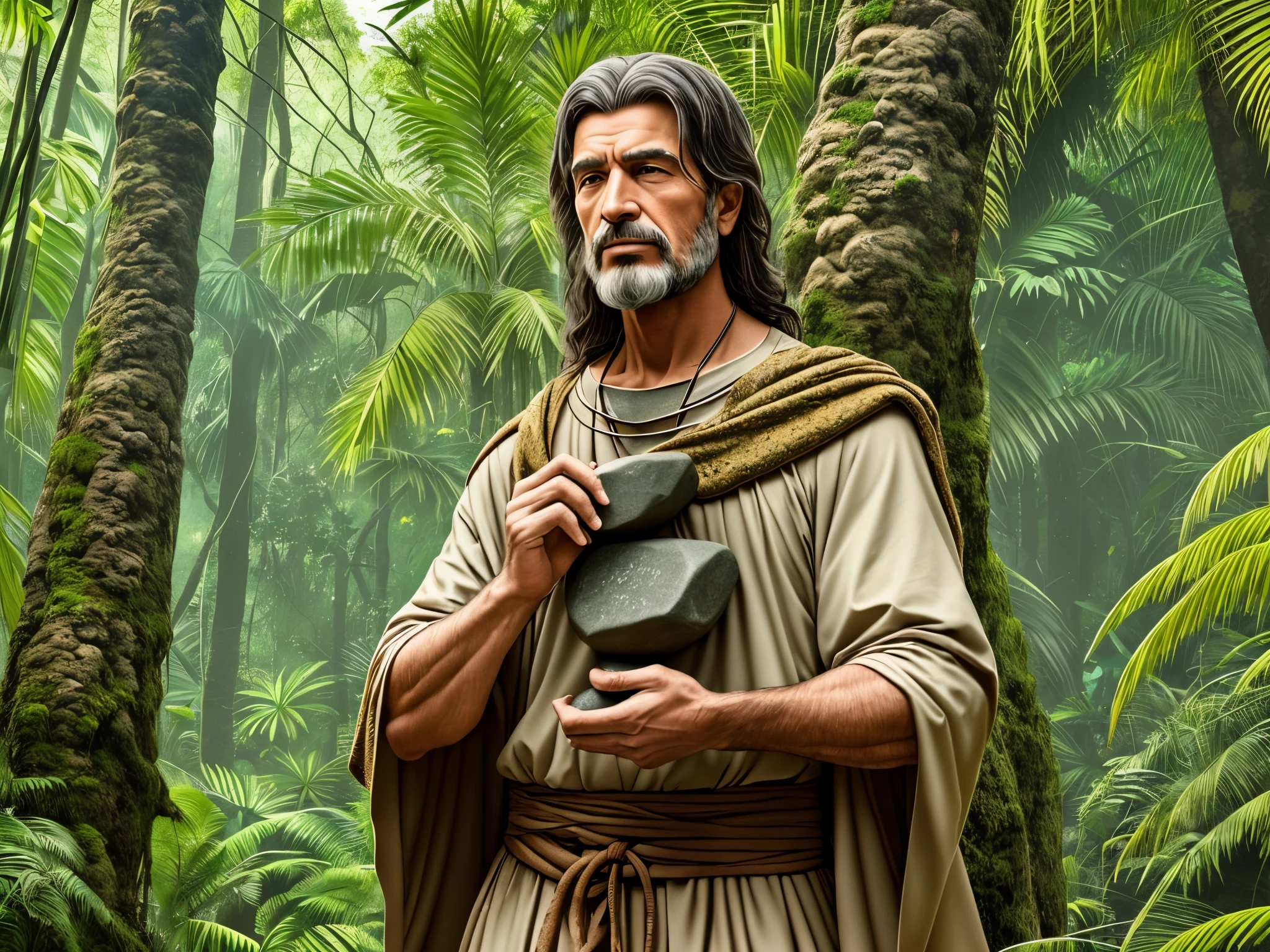 A saint and a man in the jungle. Holding stone -- ar 3:2 --auto --s2