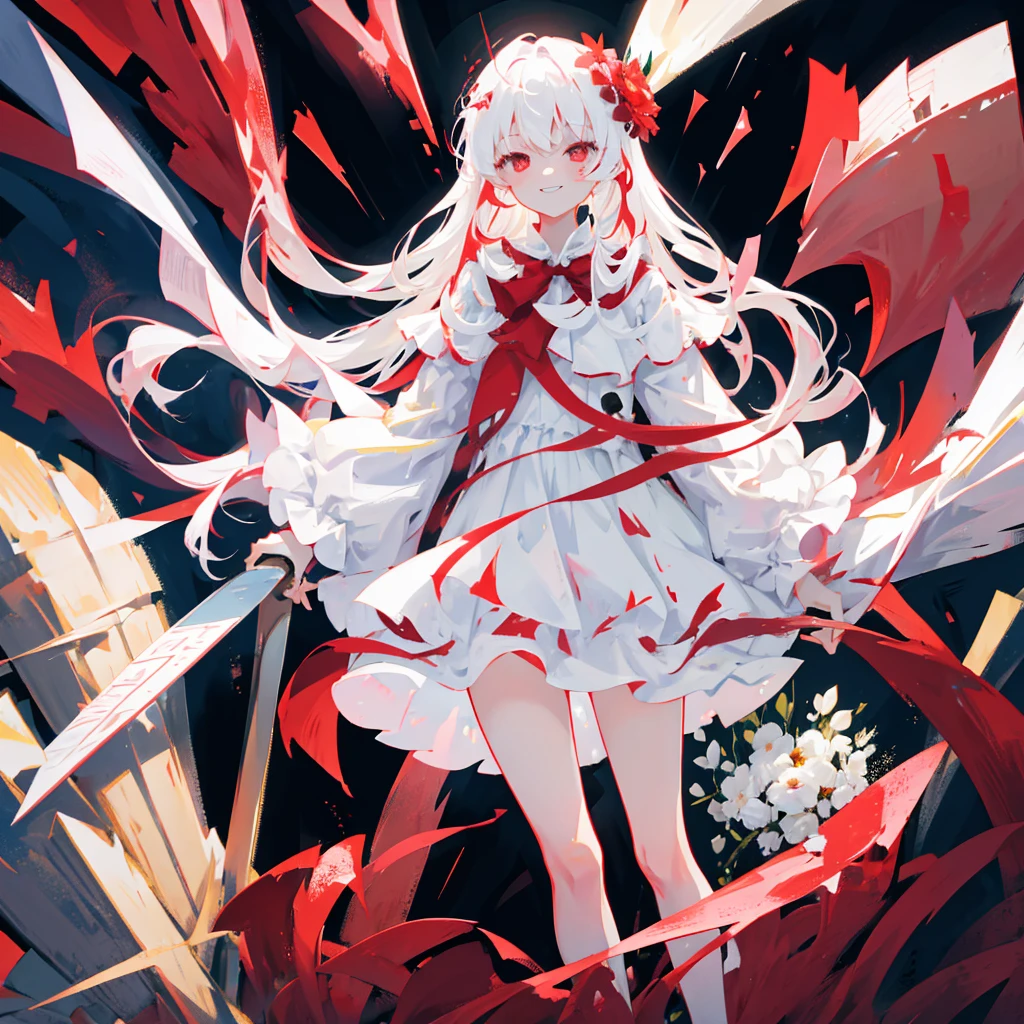 a pregirl,Wearing a white dress,long white hair,Blood-red eyes,Weird and penetrating smile,There are flower cards floating around