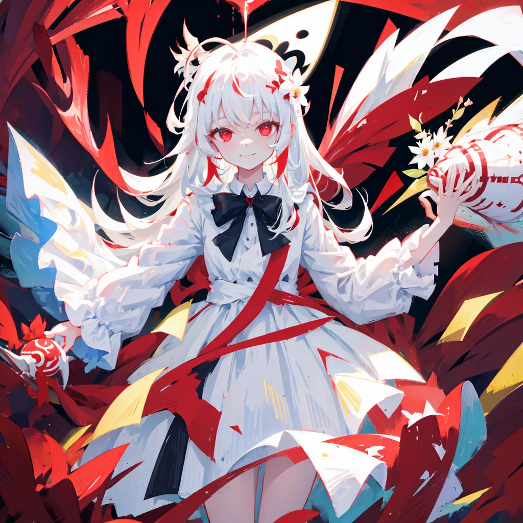 a pregirl,Wearing a white dress,long white hair,Blood-red eyes,Weird and penetrating smile,There are flower cards floating around