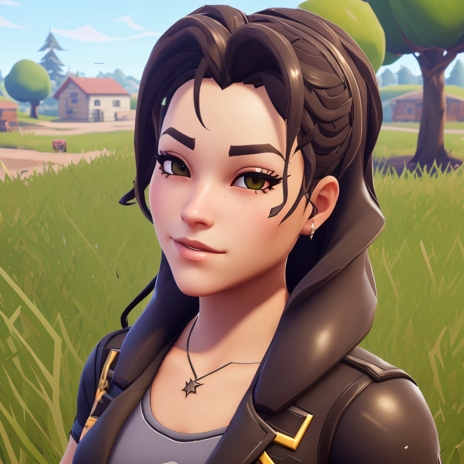 make me a female fortnite skin with brown long wavy hair and brown eyes and dimples