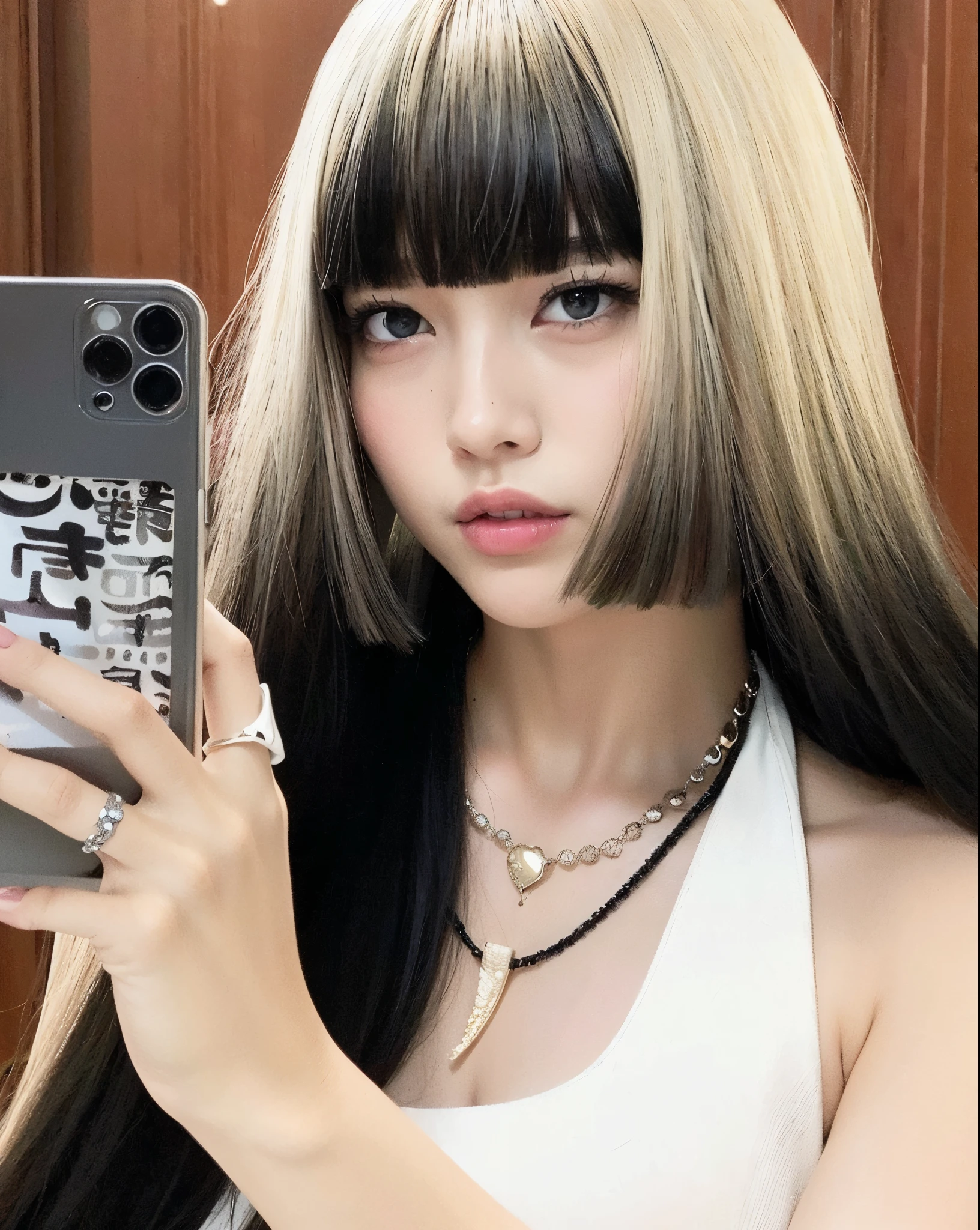 There is a woman with long hair taking a selfie in a mirror, branco hime corte penteado, Ulzzang, O corte Hime, whitebangscabelo negro, preto hime corte cabelo, com cabelos longos brancos, cruel korean goth girl, Lalisa Manoban do Blackpink, cabelo preto e franja branca, cabelo de duas cores, Lalisa Manobal