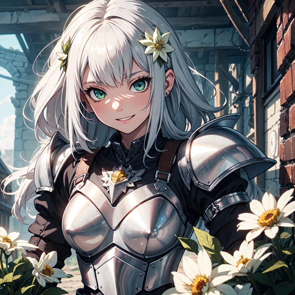 Ultra High Definition,
Ultra High Quality,
Hyper Definition,
Hyper Quality,
Hyper Detailed,
Extremely Detailed,
Perfectly Detailed,
8k,
1 girl,
Long Silver Hair,
Fantasy Knight,
Solid Green Eyes,
Cheerful Expression, White Flower Barrette
Armored With Full Plate Armor,
Town Background,