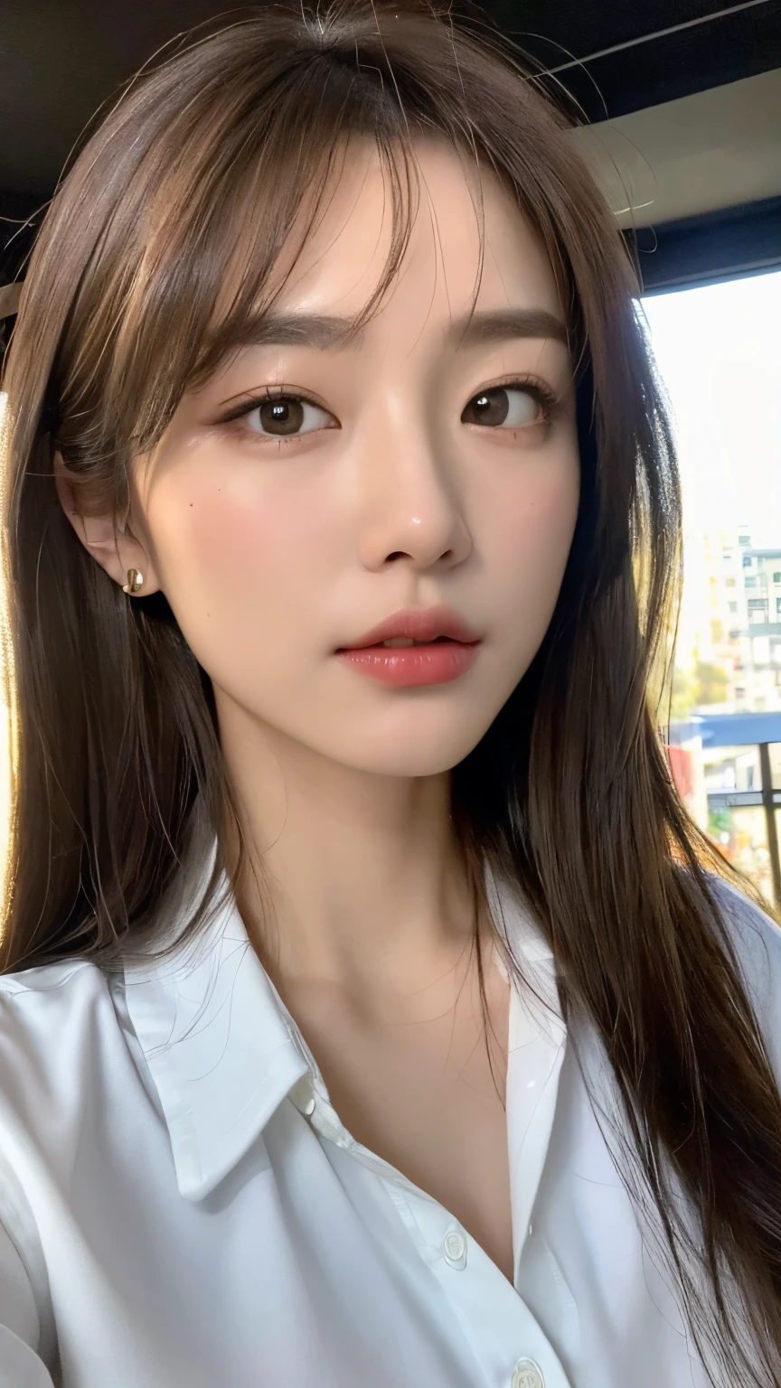 ((Best quality, 8k, Masterpiece :1.3)), Sharp focus :1.2, A pretty woman with perfect figure :1.4, Slender abs :1.2, ((Dark brown hair, Big breasts :1.2)), (White button up long shirt :1.1), City street:1.2, Highly detailed face and skin texture, Detailed eyes, Double eyelid
