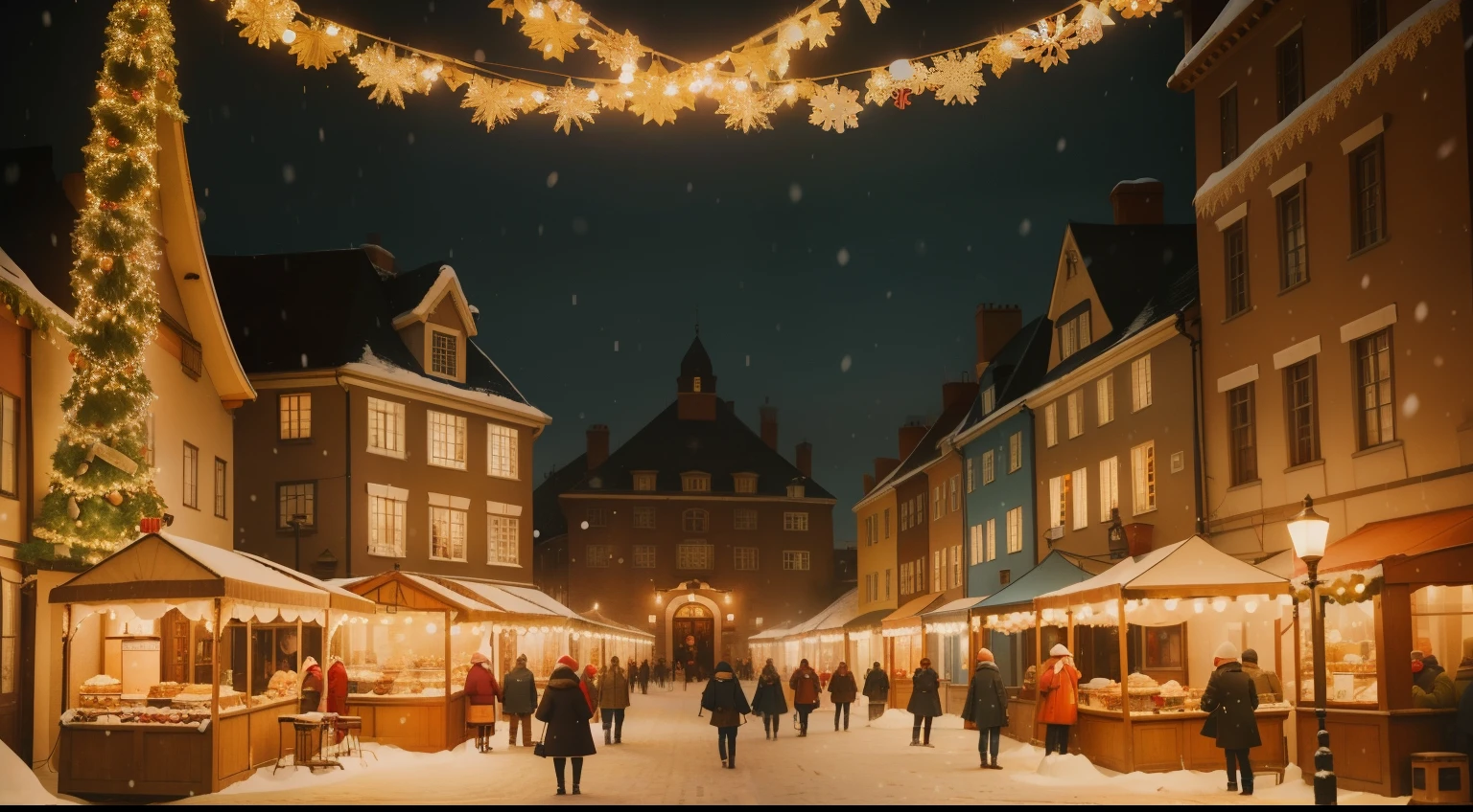 December in a quaint European town: Cobblestone streets, softly lit lampposts, historic architecture adorned with twinkling fairy lights, a cozy cafe with steamed windows, people wrapped in scarves, carrying bags with festive ribbons, a street musician playing a holiday tune, a light dusting of snow, and a glimpse of a festive market in the town square. Wes Anderson photogram.