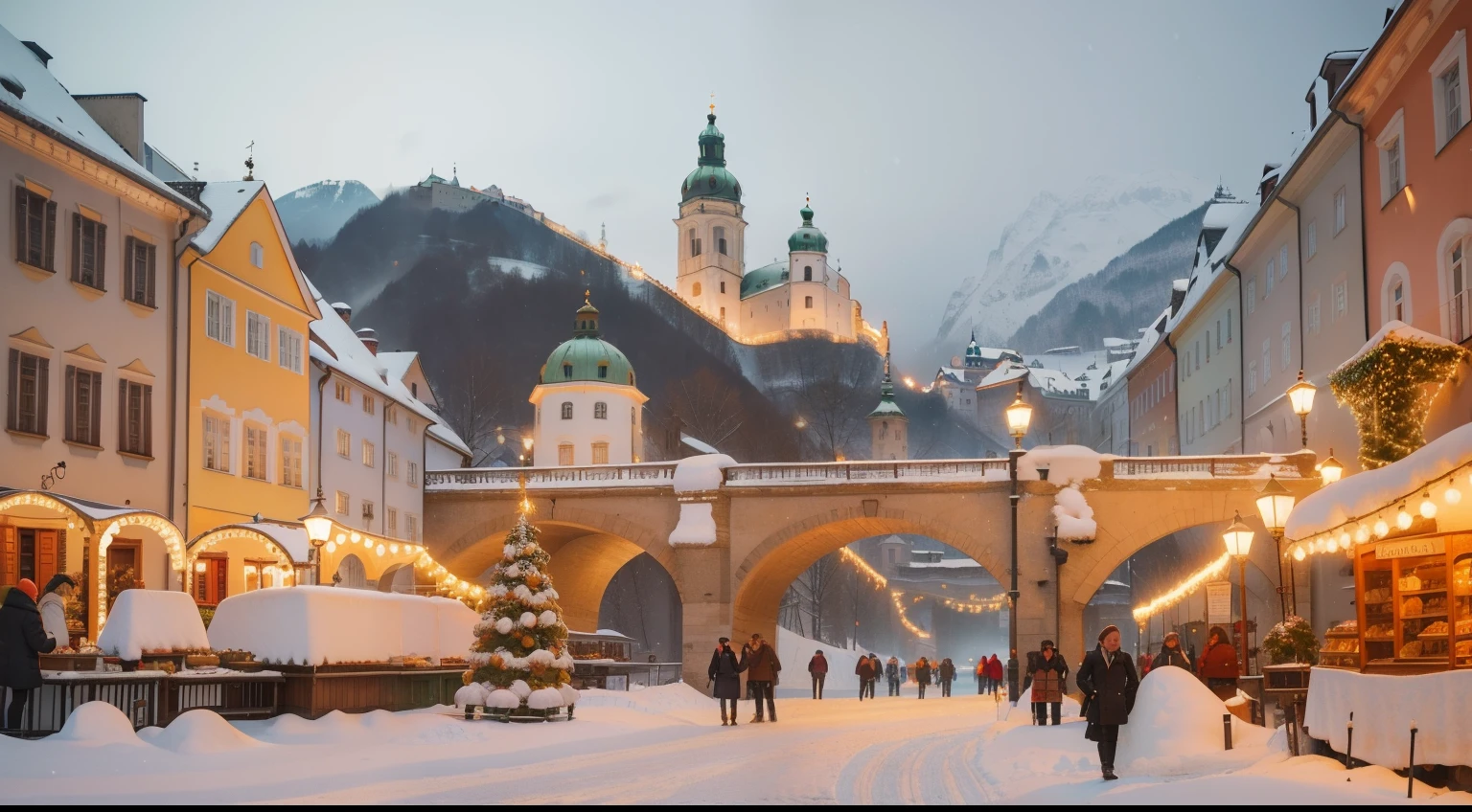 December. Salzburg, Austria. Altstadt charm. Hohensalzburg Fortress lights. Makartsteg Bridge sparkle. Roasted chestnuts scent. Charming market stalls. Cozy Cafes, glowing warmth. Getreidegasse windows beckon. Cobbled streets, powdered snow. Wes Anderson photogram.
