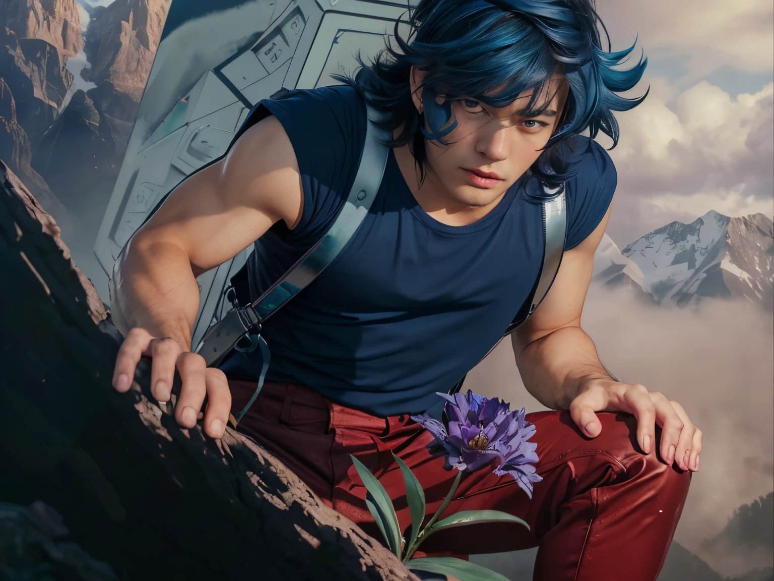 (masterpiece), (realistic), close up, (male) of 20 years old, asian (1boy), solo, slightly low view, looking to the flower, looking down, on one knee, ((handsome man), ((strong face)), ((serious face)), ((pretty big blue eyes)), ((perfect blue eyes)), (closed lips), short messy blue hair, ((bangs)), hair blowing in the air, (((beardless))), masculine blue t-shirt, red pants, leather shoulder straps, (((metallic Chrome box on his back))), ((metallic silver box)), looking a ((purple flower in the soil)) (first plain), (stem and green leaves), looking the flower, mountains surrounded by mists background, cinematic lighting.