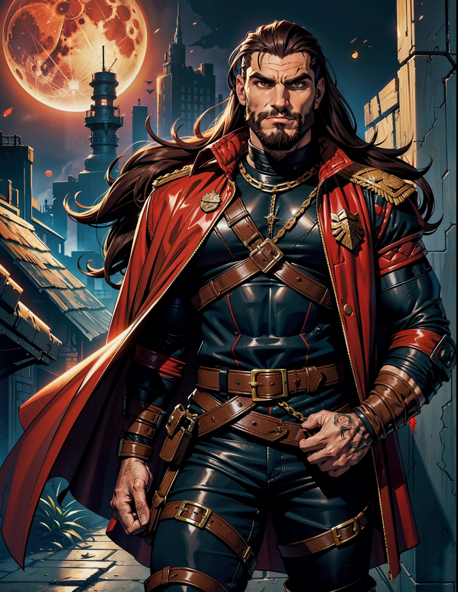 Dark night blood moon background, Darkest Dungeon style, game portrait. Vinnie Jones as Sadurang from Marvel comics, heavy athlete, short mane of brown hair, mullet, stubble beard, 30 years old, {{glowing red eyes}}. Wily smile, badass, dangerous. Wearing military uniform, {{{scales}}}. Villian, badass. Hit pose.