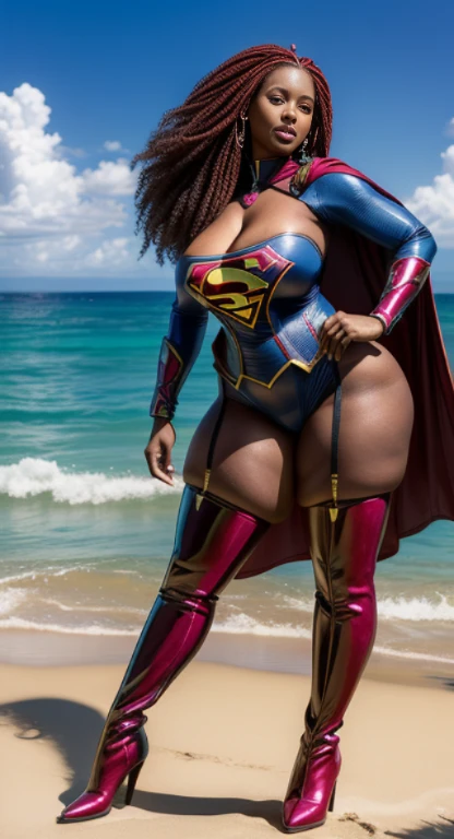 (Obra prima, master part, alta resolução), (black African woman), (melhor qualidade,4k,8k,alta resolução,masterpiece: 1,2), (RED HAIR), ( MIL(40 ANOS DEADE), afro hair, (full body photo), no meio da rua, (enormes tetos: 1,9), (seios enor(clivagem profunUADRIL ENORME), (BUNDA GRANDE), (full bhoto), (Sexy SUPER SHINY Supergirl stume), (wear long ankle boots) sexy, sensual, hot, sorridenteSagging Tits: 1,9), decotes enormes. (mesersonagem, de frente, de lado, de costa, de perfil), perfecteyes,