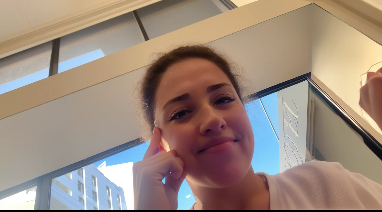 there is a woman that is taking a selfie in front of a mirror, sweaty face, very silly looking, silly face, cute silly face, selfie of a young woman, iphone selfie, without makeup, showing her face, taken in the early 2020s, accidentally taking a selfie, face picture, pouty face, looking to the side off camera
