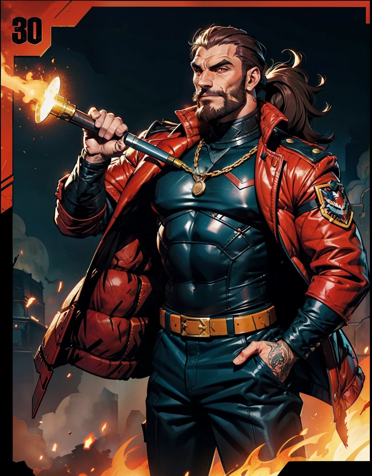 Dark night blood moon background, Darkest Dungeon style, game portrait. Vinnie Jones as Sadurang from Marvel comics, heavy athlete, short mane of brown hair, mullet, stubble beard, 30 years old, {{glowing red eyes}}.  Wily smile, badass, dangerous. Wearing military uniform, {{{scales}}}. Villian, badass. Hit pose.