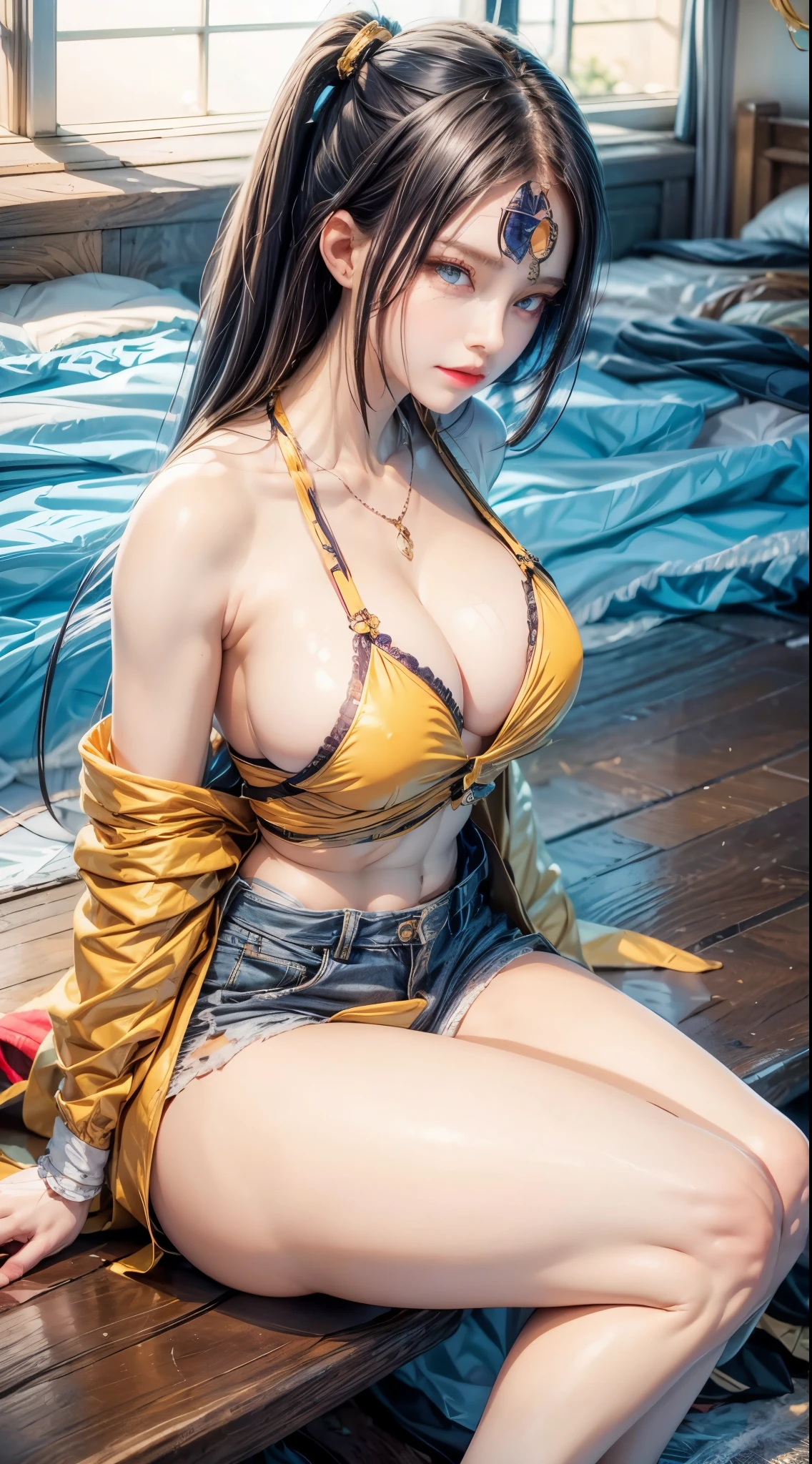realistic, 1girls, best quality, 12k, HD, long hair, big round breasts, cleavage, ponytail, necklace, jewelry, shorts, short jacket, slim hips, hair tie, yellow eyes, black hair, super detailed, Detail eyes, hair details, person details, mouth details, face details, breast details, clothes details, hair details, pants details, hand details, whole body