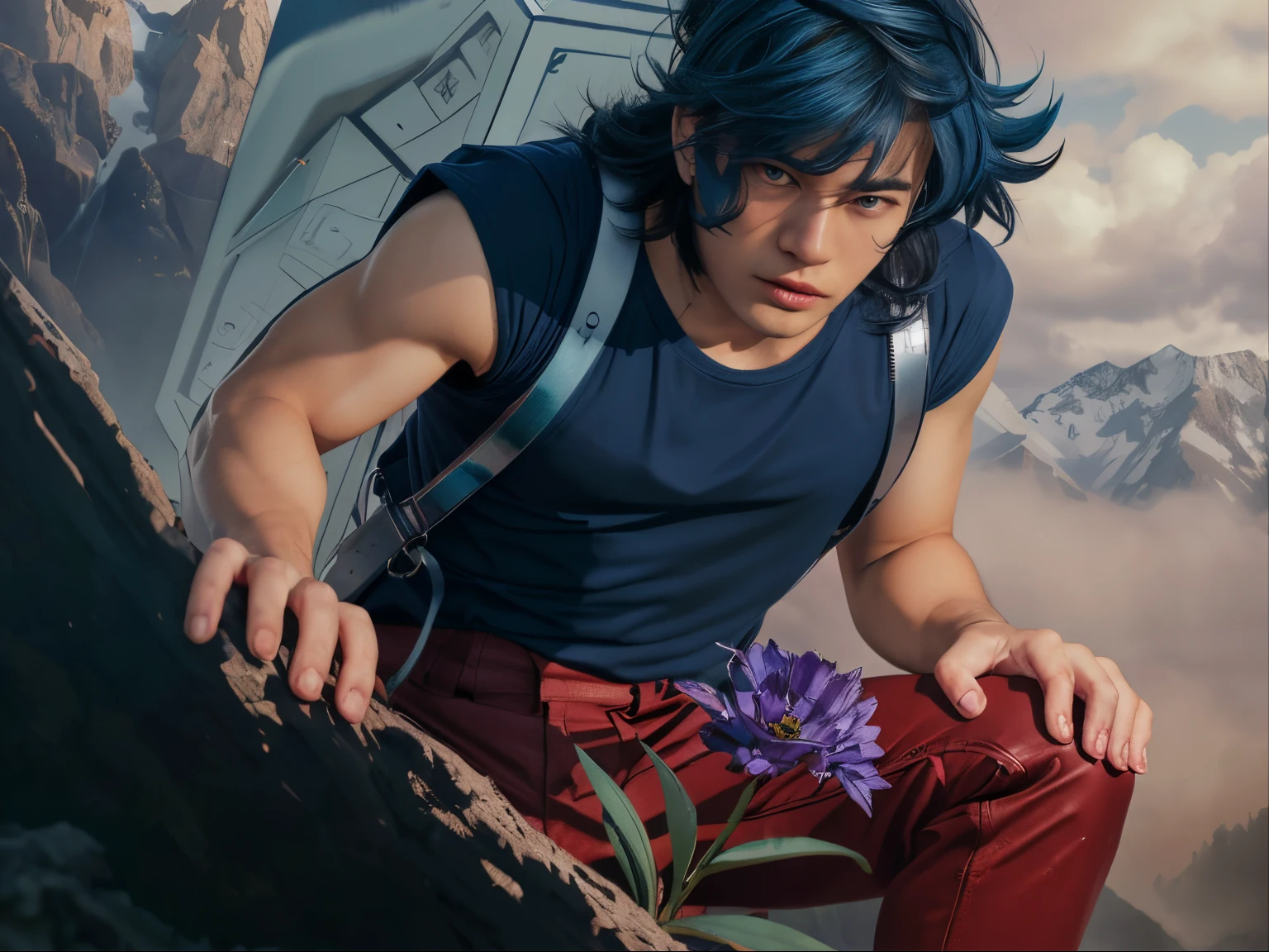 (masterpiece), (realistic), close up, (male) of 20 years old, asian (1boy), solo, slightly low view, looking to the flower, looking down, on one knee, ((handsome man)), ((strong face)), ((serious face)), ((pretty big blue eyes)), ((perfect blue eyes)), (closed lips), short messy blue hair, ((bangs)), hair blowing in the air, (((beardless))), masculine blue t-shirt, red pants, leather shoulder straps, (((metallic Chrome box on his back))), ((metallic silver box)), looking a ((purple flower in the soil)) (first plain), (stem and green leaves), looking the flower, mountains surrounded by mists background, cinematic lighting.