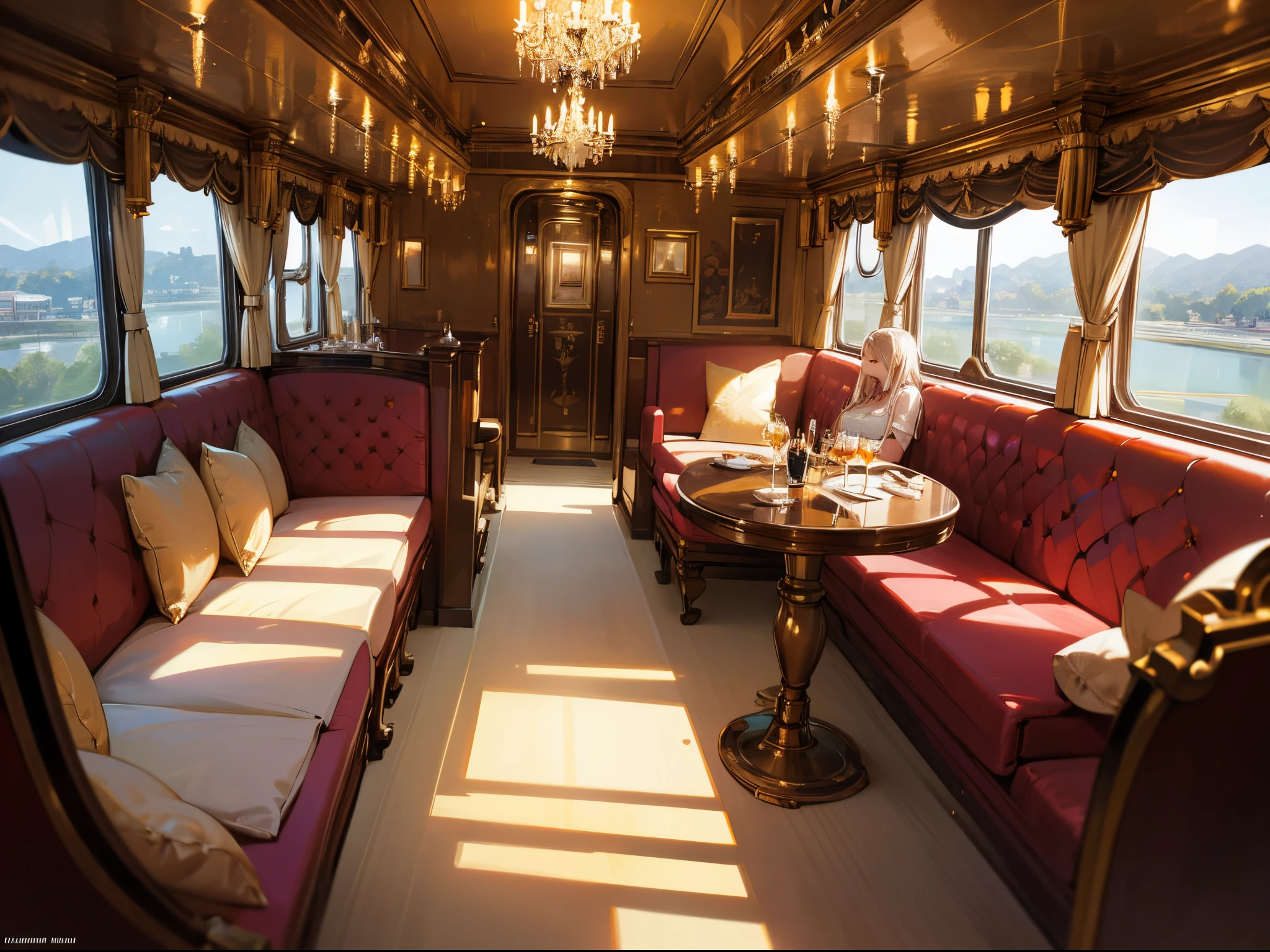 luxurious train,high-end interior,expensive furnishings,extravagant decor,plush velvet seats,crystal chandeliers,elegant cabin design,luxurious dining car,refined tableware and silverware,gilded accents and trimmings,exquisite art on the walls,soft ambient lighting,sophisticated passengers,enjoying fine dining and conversation,beautifully dressed attendants,attending to the guests' needs,opulent bar car,serving premium cocktails and wines,smooth and comfortable ride,scenic landscapes passing by the windows,impeccable service,meticulously clean and well-maintained train,expansive observation car,offering breathtaking views of the surroundings,relaxing and luxurious journey