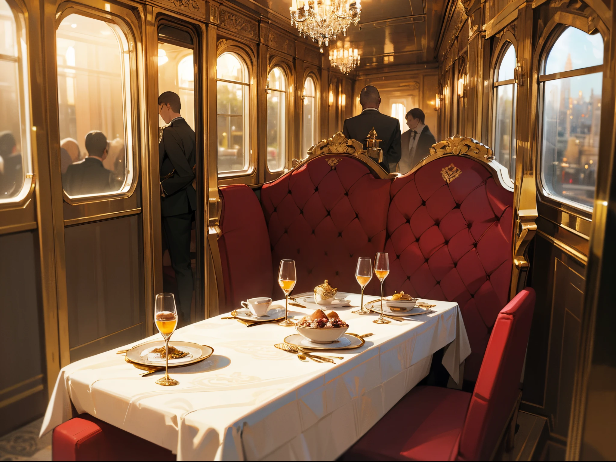 luxurious train,high-end interior,expensive furnishings,extravagant decor,plush velvet seats,crystal chandeliers,elegant cabin design,luxurious dining car,refined tableware and silverware,gilded accents and trimmings,exquisite art on the walls,soft ambient lighting,sophisticated passengers,enjoying fine dining and conversation,beautifully dressed attendants,attending to the guests' needs,opulent bar car,serving premium cocktails and wines,smooth and comfortable ride,scenic landscapes passing by the windows,impeccable service,meticulously clean and well-maintained train,expansive observation car,offering breathtaking views of the surroundings,relaxing and luxurious journey