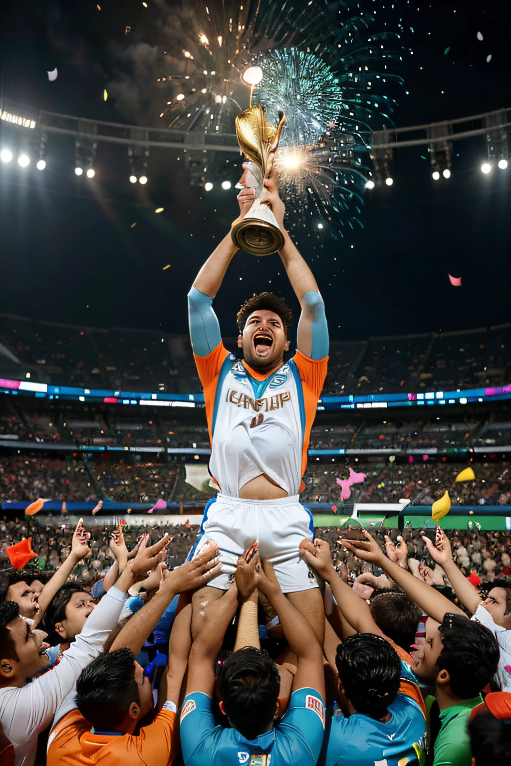/imagine prompt: An illustration depicting the historic victory of Team India in the World Cup final. The artwork showcases the Indian players celebrating their win, lifting the trophy high amidst a sea of confetti. The artist uses a digital medium to bring the scene to life with intricate details, such as the expressions of joy on the players' faces and the sparkling trophy. The color palette is bright and celebratory, adding to the overall sense of triumph. --v 5 --stylize 1000 --ar 16:9, Super Hyper Realistic and Detailed Image