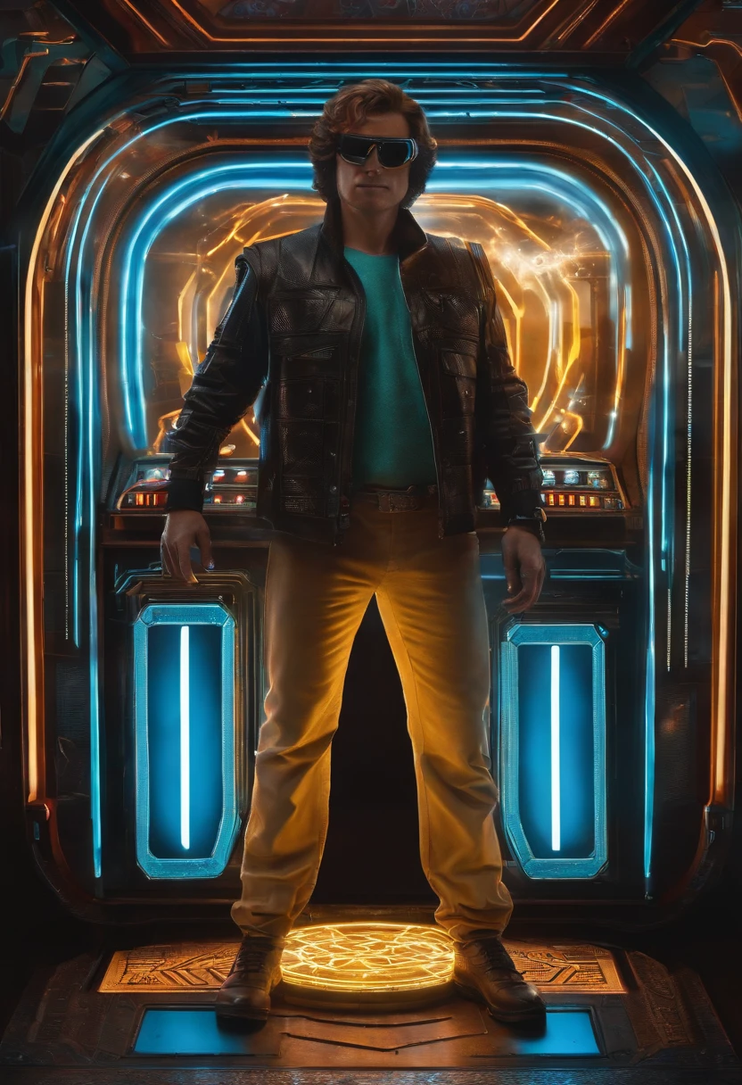 A photo of a vintage Tron arcade game machine.,Ready Player One,Appearance-wise, Halliday is often described as having a gangly frame, with messy hair, and typically dressed in a vintage style that echoes his obsession with the past. In his digital avatar form, known as Anorak, he appears as a powerful wizard, embodying the idealized version of himself within the virtual universe he created.