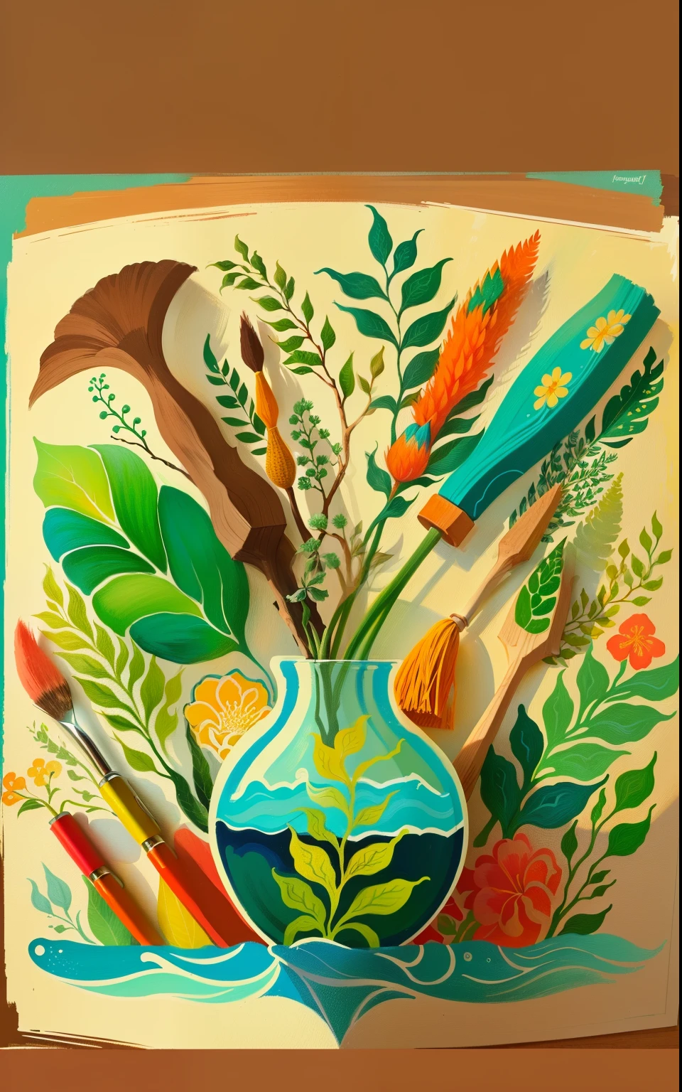 pintura de um vaso com ferramentas e uma planta dentro, inspirado em Gustave Baumann, Directed by: Paul Feeley, Jen Bartel, 2 d gouache illustration, jardinagem, Directed by: Nancy Graves, inspirado em Grant Wood, inspirado em Thomas Hart Benton, plantas que crescem sobre ele. guache, pinturas detalhadas do guache, Gouache illustration, painting illustration, illustration painting, Directed by: Andrée Ruellan