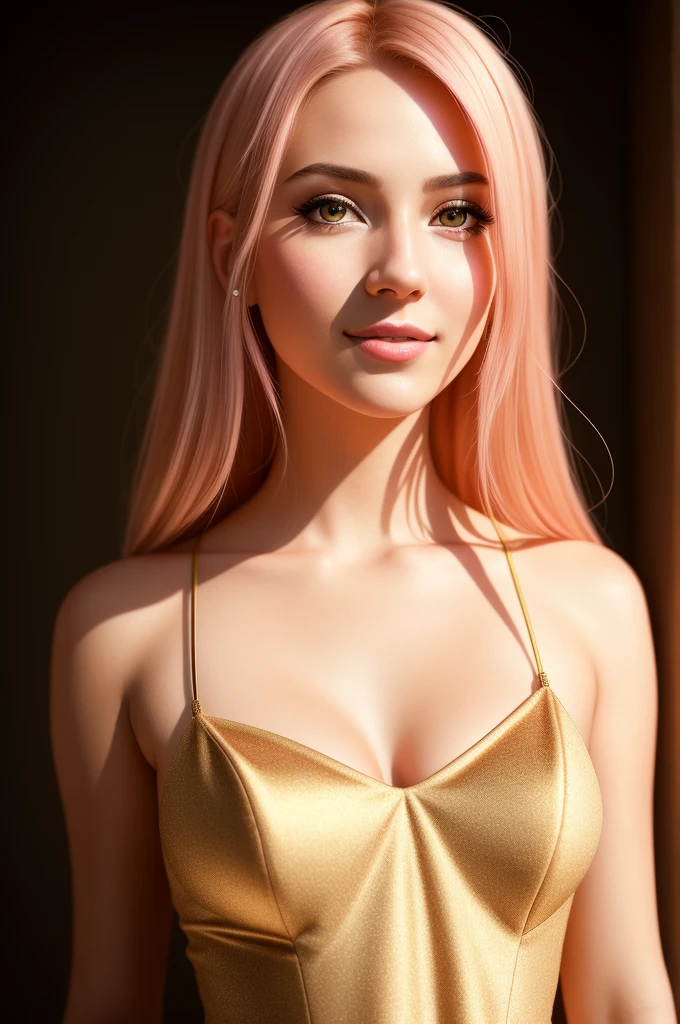 Masterpiece 8k, 22 year girl1.3 , raw image, professional portrait photo of a girl, natural pink skin texture, golden pink silk drees, brown glittery eye,big breast,blond, lovely lips, smile, beautiful gorgeous girl, cyberpunk,  sexy girl, masterart, 4k textures, highly detailed, elegant, hdr, sharp focus, insane details, intricate details, hyper detailed, exposure blend, cinematic light, 32mm 8 kdetailed,