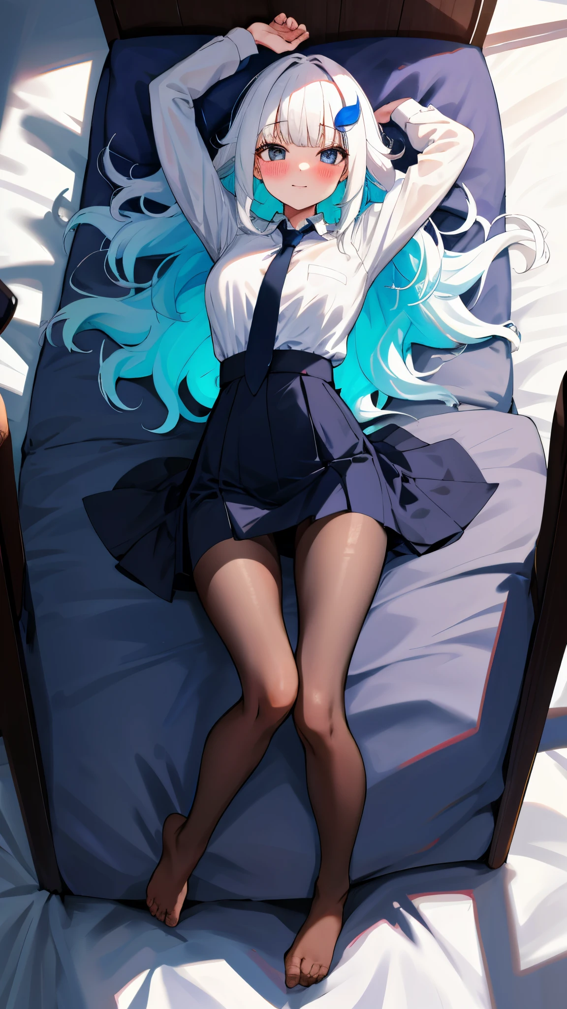 One girl with long wavy hair, white hair, blue inner hair, looking at viewer, sexual expression invite, blushing, indoor , breasts, white shirts, black necktie, mini skirt, office lady , naked, perfect waist, thigh, legs, feet, bed, hip high skirt, laying on, lie down, arms up, laying on back, from above, legs spread, wet, nsfw, day atmosphere, hair ornament, pantyhose, full body