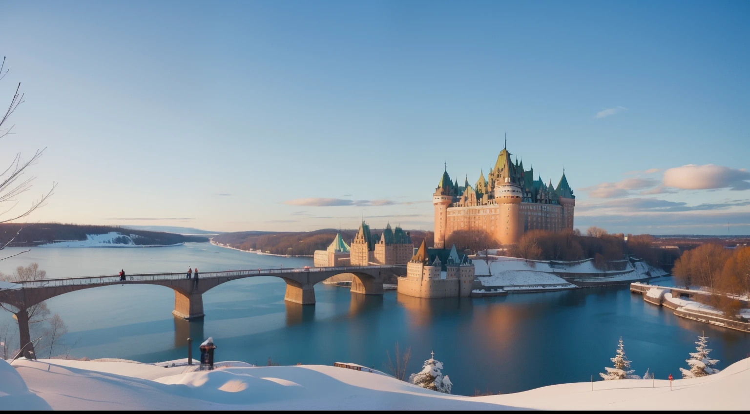 December. Quebec City, Canada. Château Frontenac majesty. Dufferin Boardwalk snowy panorama. Rue du Petit-Champlain charm. Maple-scented air. Cascading Montmorency Falls. Old Town's festive boutiques. Joyful buskers' melodies. Citadel views, crisp sunlight. La Citadelle's historic grandeur. Winter magic, Quebecois warmth. Wes Anderson photogram.