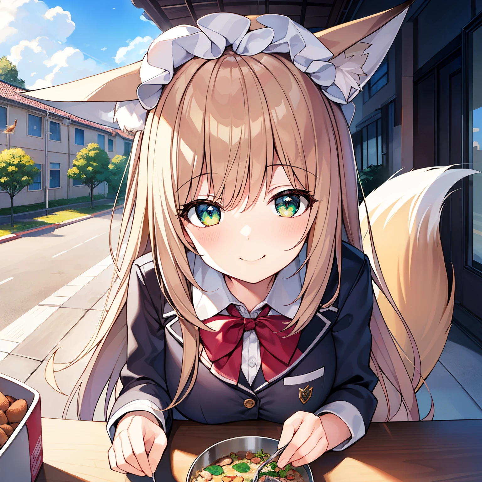 tmasterpiece,Best quality at best,A high resolution,1 girl, Alone, (8k wallpaper), (Long brown hair),(Huge fox tail:1.2),Green-eyed,Small flower headdress,yo girl_C cup,modernn architecture,The rabbit house behind the school,Girl squats down to feed rabbit_Hand feeding rabbit food,Wear a student uniform,cute smiling,The perspective is from top to bottom,