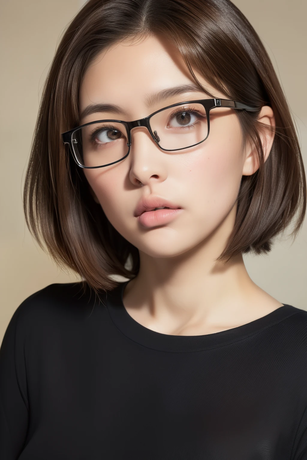 (masuter piece:1.3)、(in 8K、Photorealsitic、Raw photography、top-quality: 1.4)、(1girl in)、Beautiful expression、(Lifelike face)、plump, thick lips、(Brown hair、short-hair:1.1)、Beautiful hairstyle、((((Narrow-eyed、realisticeyes))))、((((Quite thick lower lip))))Wearing glasses、girl with thick lips
