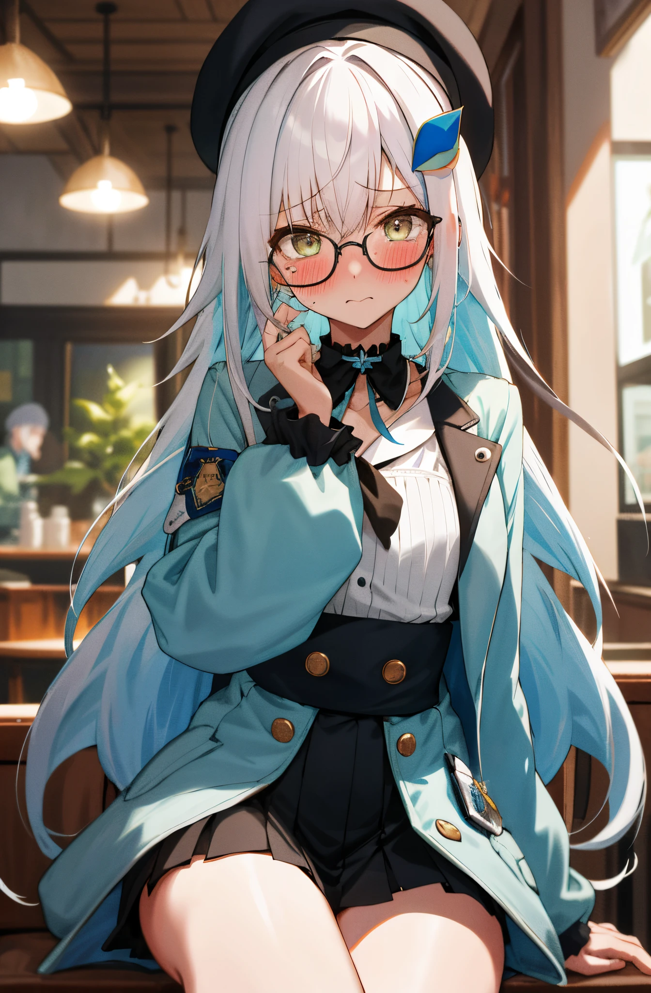 One girl with long hair, white hair, blue inner hair, looking at viewer, embarrassed, blushing, tears, indoor, cafe, jacket, matcha jacket, long sleeves, beret, mini skirt, slim, dizzy, choker, mid-chest, wide hips, perfect waist, spread legs, day atmosphere, hair ornament, sit on, glasses, (embarrassed:1.0)