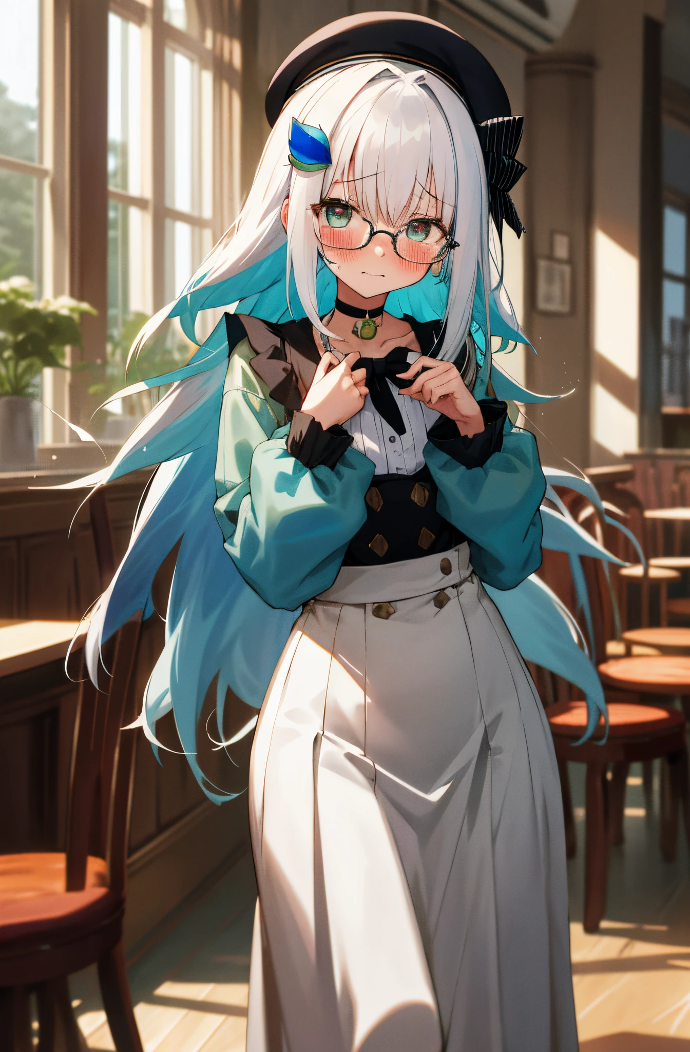 One girl with long hair, white hair, blue inner hair, looking at viewer, embarrassed, blushing, tears, indoor, cafe, jacket, matcha jacket, long sleeves, beret, long skirt, slim, dizzy, choker, mid-chest, wide hips, perfect waist, spread legs, day atmosphere, hair ornament, standing, glasses, (embarrassed:1.0)