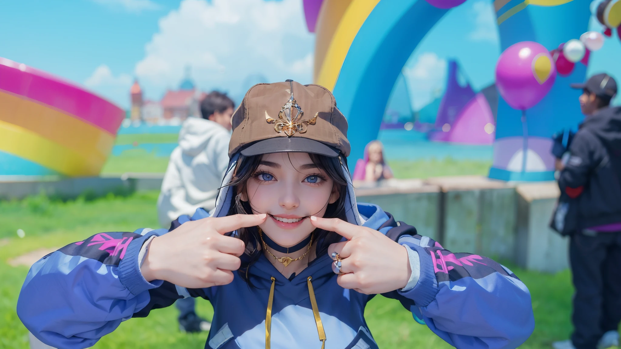 masterpiece, best quality, 1 girl, solo, girl wearing hat, black haired girl, hoodie, wearing hoodie detailed fingers, detailed hands, detailed face, detailed lips, detailed eyes, detailed eyebrows, detailed arms, detailed hands, detailed hairs, detailed clothes, pretty face, pretty lips, pretty mouths, pretty eyes, realistic, women grinning, pretty nose, pretty eyelids, women pointing to camera, moustache, pretty face, pretty hands, no blurs, 4k resolution, high definition image, index finger opened mouth, teeth showing, grin, normal skin color, girl wearing golden heart necklace, golden heart necklace, necklaces