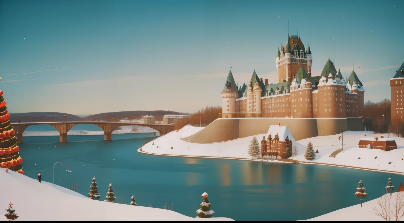 December. Quebec City, Canada. Château Frontenac majesty. Dufferin Boardwalk snowy panorama. Rue du Petit-Champlain charm. Maple-scented air. Cascading Montmorency Falls. Old Town's festive boutiques. Joyful buskers' melodies. Citadel views, crisp sunlight. La Citadelle's historic grandeur. Winter magic, Quebecois warmth. Wes Anderson photogram.