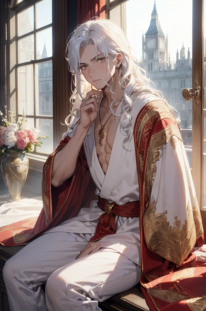 (masterpiece, best quality, high quality), 1boy, ((1guy)), ((unimpressed)) looking at viewer, white hair, (long hair, disheveled hair), young looking, young age, red-orange crystal eyes, :(, flowing hair, curly and wavy hair, wearing a red gemstone pendant, wearing a royal white-coloured male silk robe, intricate patterns on robe, stylish male robe, fashionable, Full sleeve male robe, silk robe, white robe, long robe, long silk pants, young age, staring at viewer, sitting in front of window, looking out of the window, leaning on windowframe, open window, london Italy view from window, godrays coming from window, close up, lean and muscular body, muscular abs