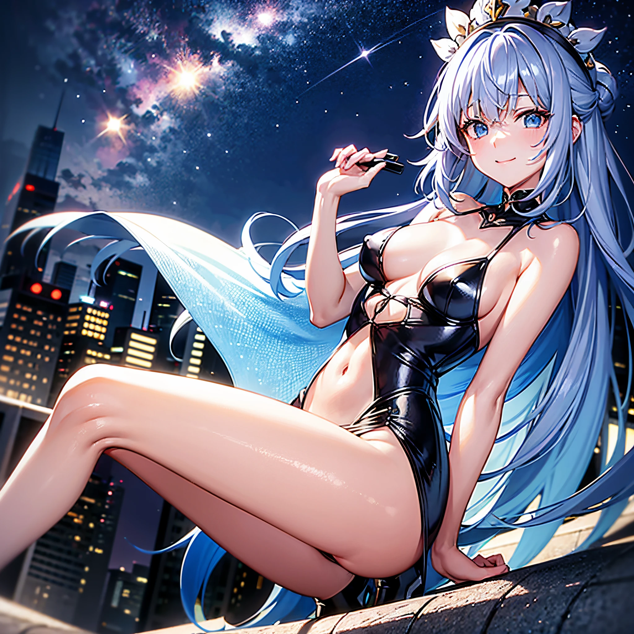 This is the rooftop of a skyscraper in the city.、It's late at night now.、You can see the night view of many low buildings in the background.、Photograph them from above、Small moon and starry sky、You can see the beautiful sea with the moonlight reflecting in the distance.、She was a 27-year-old woman with small breasts and loose, fluffy pure white short hair.、One is a 31-year-old woman with small breasts and dark blue-purple lob hair.、The two are having fun、street snap、Beautuful Women、Looking at me with a smile、She wears a large black witch hat with sapphire accessories、Dark blue-purple medium short hair with white mesh and loose lob hair、Blue eyes with highlights、She doesn't wear anything、she isn't wearing anything、She's naked、naked woman、Black sneakers with white shoelaces、small tits、discreet breasts、Her nipples are visible、You can see her female genitalia、You can see her clitoris、A fragile smile、hiquality、High Details、high-level image quality、4K picture quality、beatiful backgrounds,drawn by Japanese ilastrator