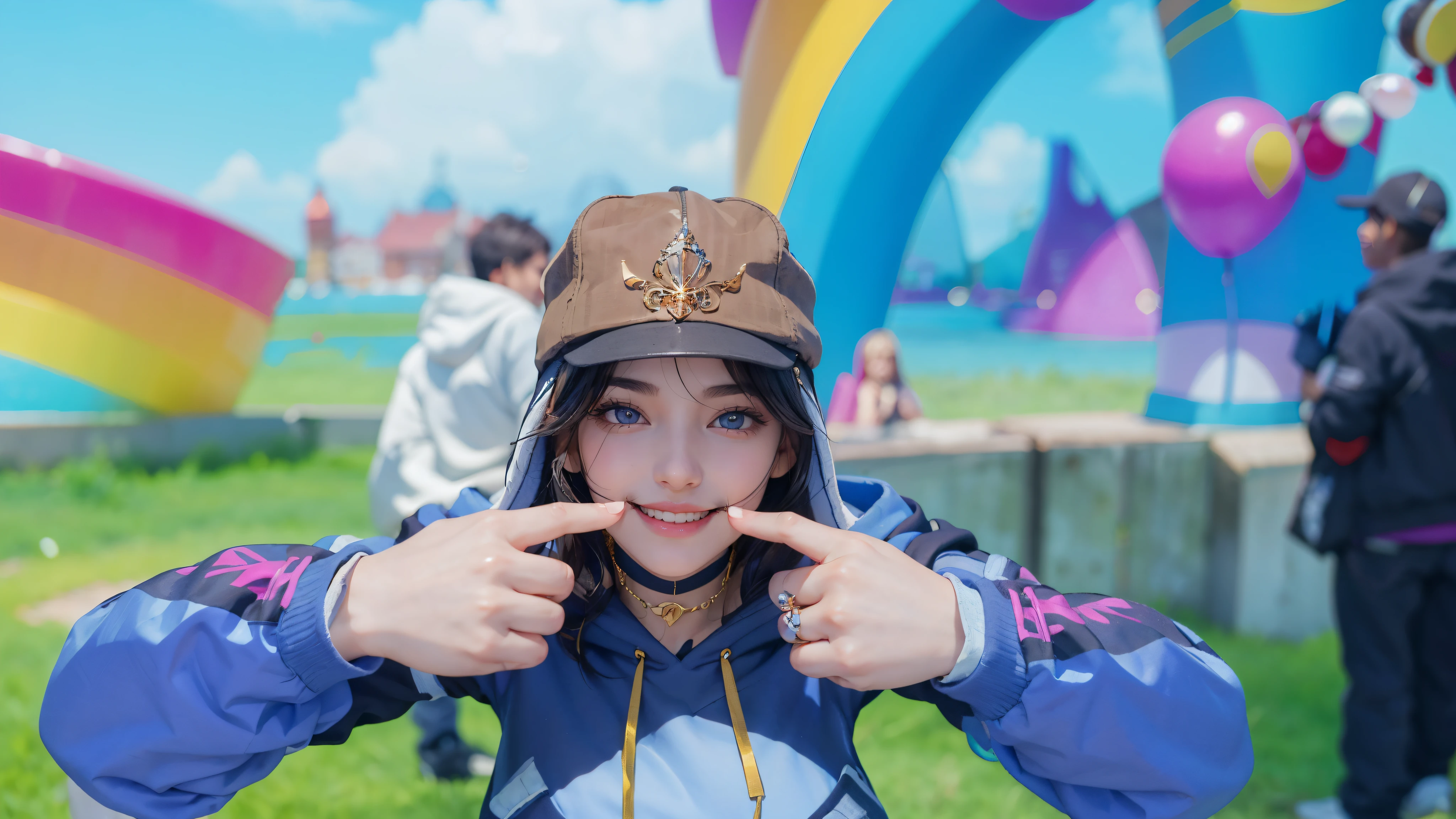 masterpiece, best quality, 1 girl, solo, girl wearing hat, black haired girl, hoodie, wearing hoodie detailed fingers, detailed hands, detailed face, detailed lips, detailed eyes, detailed eyebrows, detailed arms, detailed hands, detailed hairs, detailed clothes, pretty face, pretty lips, pretty mouths, pretty eyes, realistic, women grinning, pretty nose, pretty eyelids, women pointing to camera, moustache, pretty face, pretty hands, no blurs, 4k resolution, high definition image, index finger opened mouth, teeth showing, grin, normal skin color, girl wearing golden heart necklace, golden heart necklace, necklaces