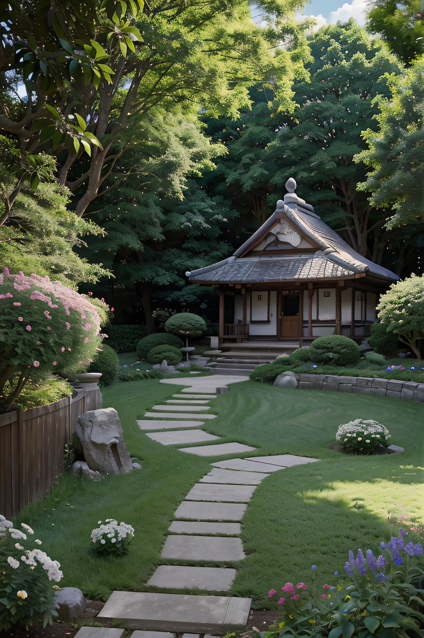 anime, cartoon, illustration, "painting" of a small characteristic Japanese garden, potted plants , colors lit, shadow light contrast, blue sky with white clouds, flowers,  a "painting" by Miyazaki, pixiv, fantastic realism, anime background art, detailed scenery —width 672, countryside background, studio ghibli sky, studio ghibli artstyle, anime countryside landscape, ghibli studio style, ghibli artstyle, studio ghibli art style, studio ghibli sunlight, high details, beautiful anime scenery.