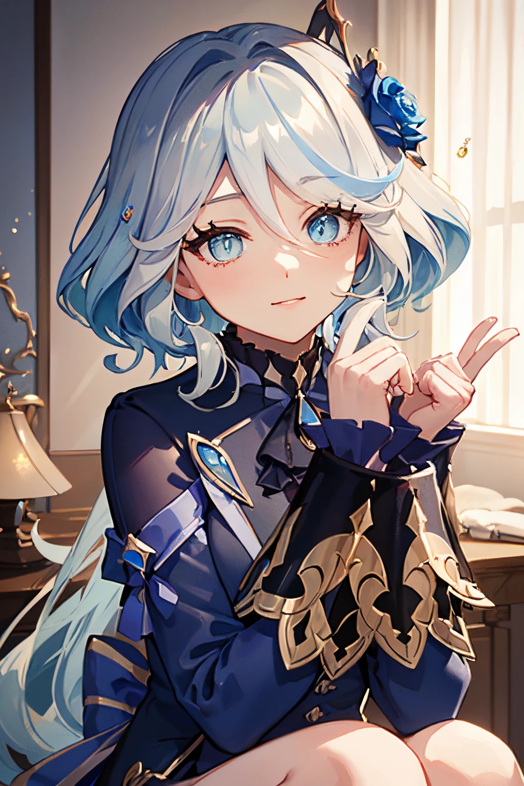 Friner, surrealism, 8K, yes, Super detail, Hydroelectric Akron, upper legs, Sitting, ??? face, Smug, Beautiful eyes, Masterpiece, high resolution, 8K, anime woman, Delicate and meticulous text 、detailed digital illustration、(((Genshin Impact))、Shiny hair、A very beautiful woman、High image quality, High quality、Detailed background、The inside of the eye sparkles like a diamond、(((Blue hair)))、(((sweeping bangs)))、Gradient pupils、(((2 arms、4 fingers, 1 thumb)))、detailed feminine face、A very beautiful woman、、细致背景、tmasterpiece、Soft focus , Bright gradient watercolor , Lens flare , (((glitters))) , Glow , Dreamy ,、((Very beautiful light blue rose hair ornament)), Luxury room background