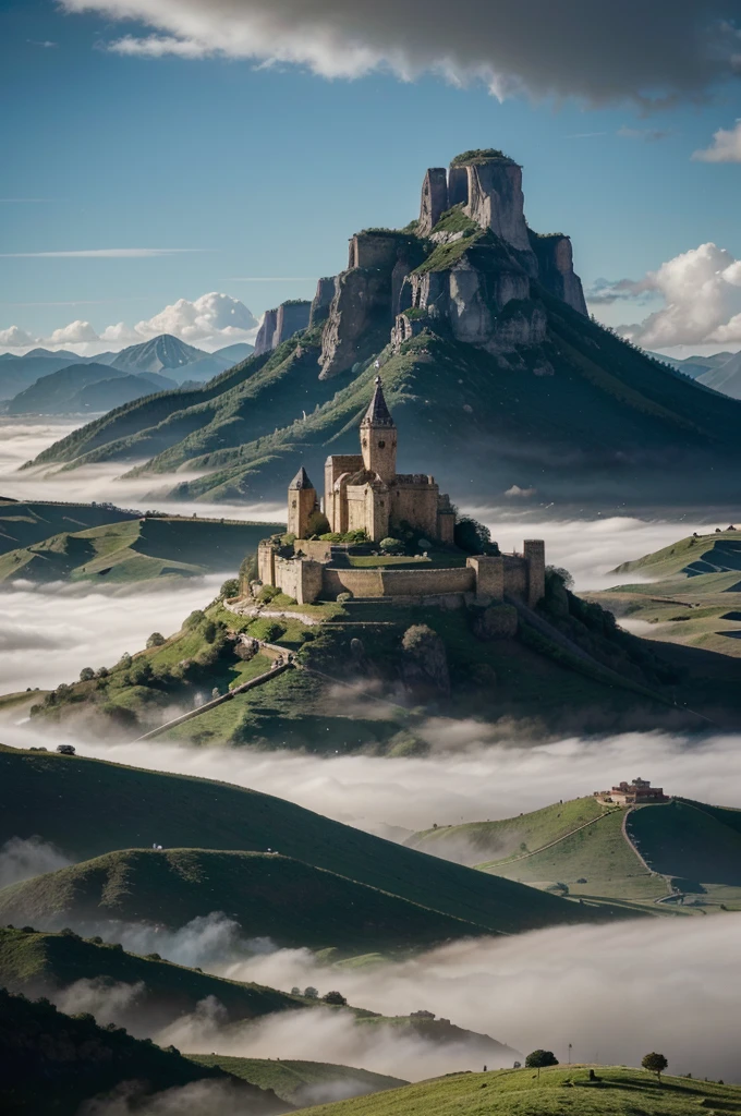 O Reino de Arcanara, with panoramic view from above, mostrando todo o reino, cidades, florestas, torre, the realm is blessed by the constant presence of arcane energy that permeates every inch of its expanse. The lands of Arcanara are a lush mix of stunning landscapes, where magic intertwines with nature in surprising ways. The kingdom&#39;s borders are delineated by majestic mountains, covered in a magical mist that reflects the colors of the rainbow, as if guarded by ancient spells.