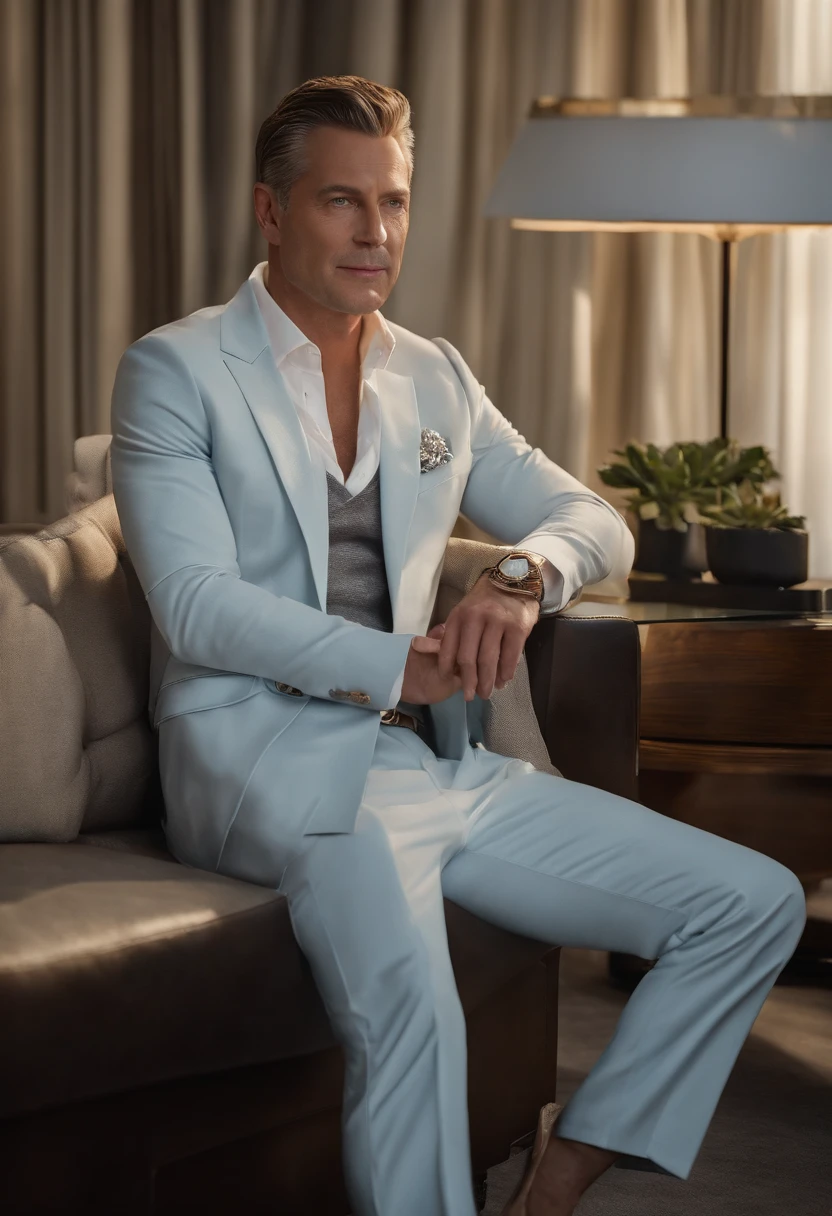 A photo of Roman at a luxury car dealership,original,Roman Roy, from the TV series “Succession,” often presents a disheveled yet stylish look, reflecting his mix of casual indifference and corporate lifestyle, typically seen in designer suits worn with a nonchalant flair. He has a boyish charm with a mischievous smile, adding to his persona as the family’s unpredictable and irreverent playboy.