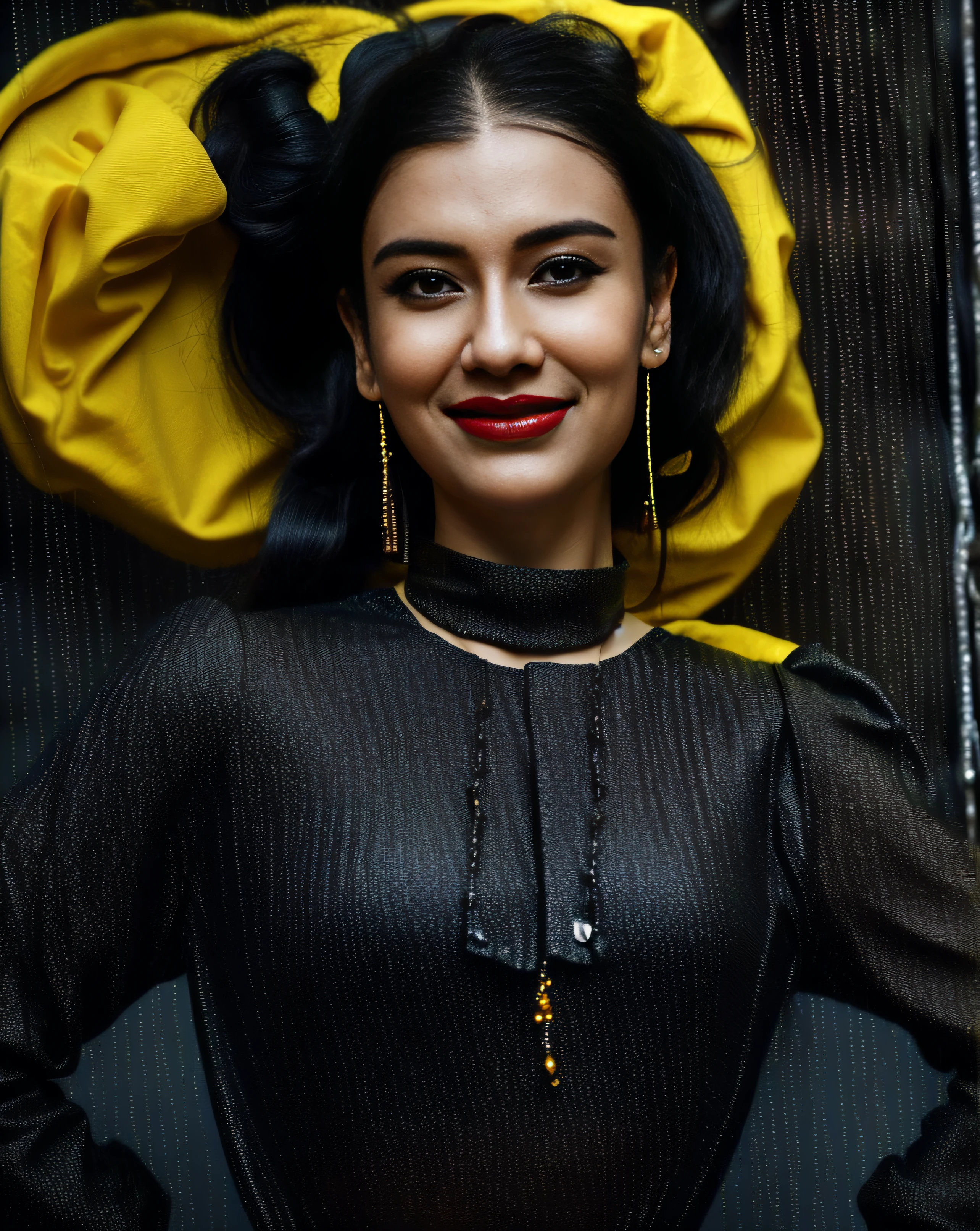 Day scene, close up photo of an indan from top view, posing under rain,black long hair, wearing yellow black tshirt and jeans,hollywood red lips, perfect figure wet navel, seductive boobs, ponytail, necklace, look at viewer and seductive smile, (cinematic:1.3), intricate details, (ArtStation:1.4)