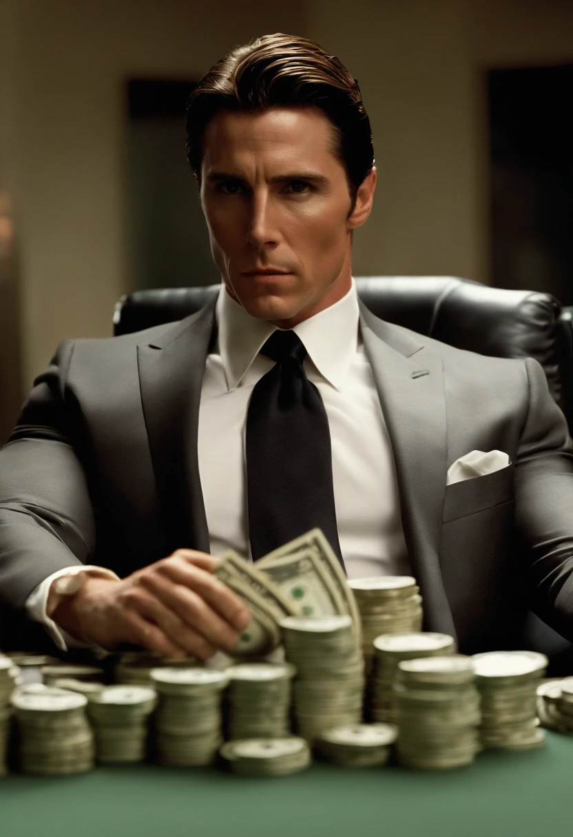 The image is of Patrick at a high-stakes poker table, surrounded by piles of cash and a group of intense and ruthless players.,American Psycho,Patrick is a tall, tan, muscular man with slicked back brown hair, and an expensive suit. Looks like Christian Bale