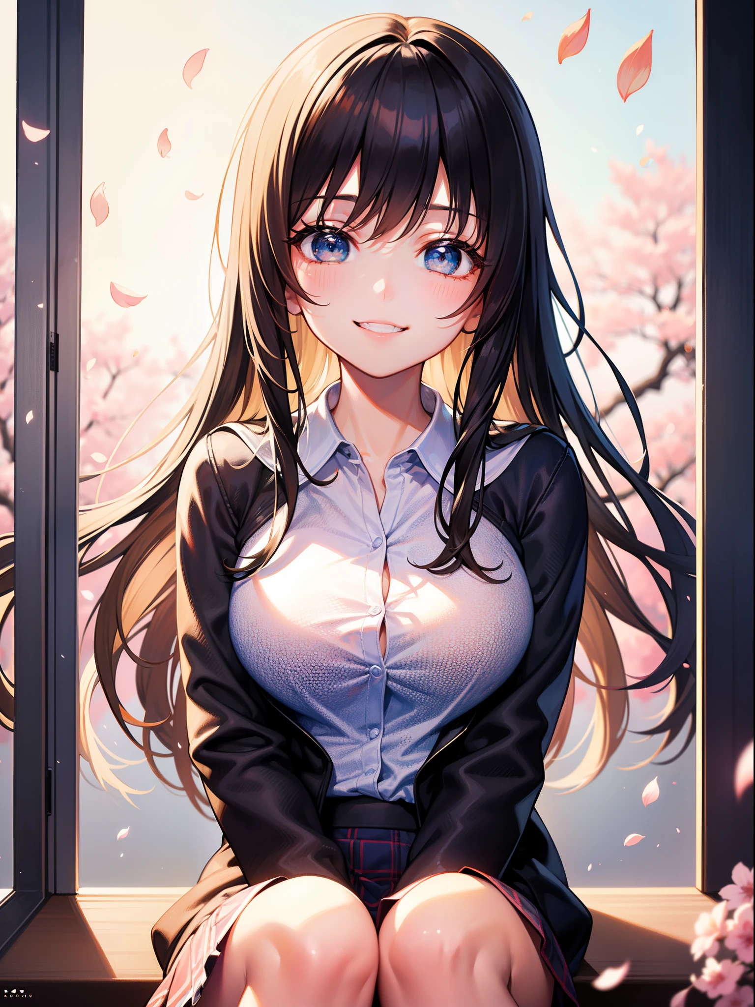 ((Best Quality)), (Best Masterpiece)), (Details: 1.4),32k,Sharpness,Best Wallpaper,Wind Operation:0.9,High  Girl,Smiling Inside Classroom,Classroom Window,Cherry Blossom Tree,Flying Petals,Sunlight, (Beautiful Eyes with Detailed Detail,Shiny Black)