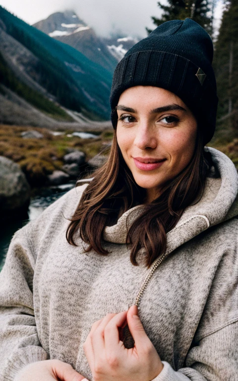 photorealistic, best quality, hyper detailed, beautiful woman, selfie photo, upper body, solo, wearing pullover, outdoors, (night), mountains, real life nature, stars, moon, (cheerful, happy), sleeping bag, gloves, sweater, beanie, flashlight, forest, rocks, river, wood, smoke, fog, clear sky, analog style, looking at viewer, skin texture, film grain, close up, ultra high res, best shadow, RAW, instagram LUT