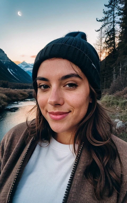photorealistic, best quality, hyper detailed, beautiful woman, selfie photo, upper body, solo, wearing pullover, outdoors, (night), mountains, real life nature, stars, moon, (cheerful, happy), sleeping bag, gloves, sweater, beanie, flashlight, forest, rocks, river, wood, smoke, fog, clear sky, analog style, looking at viewer, skin texture, film grain, close up, ultra high res, best shadow, RAW, instagram LUT