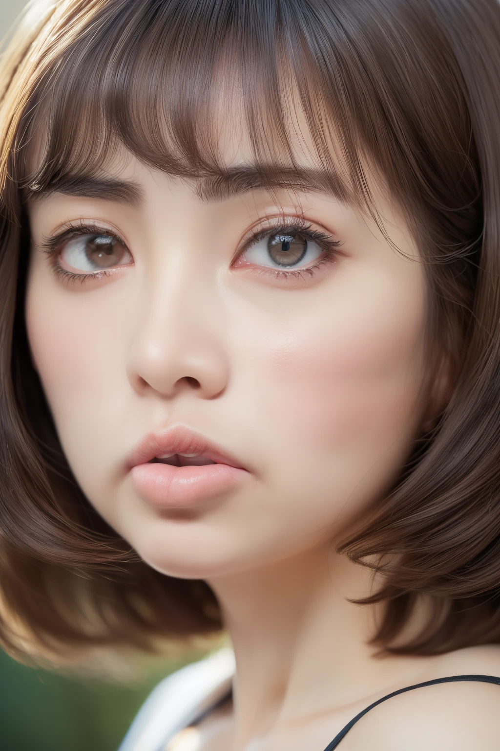 (masuter piece:1.3)、(in 8K、Photorealsitic、Raw photography、top-quality: 1.4)、(1girl in)、Beautiful expression、(Lifelike face)、Plump, thick lower lips、(Brown hair、short-hair:1.1)、Beautiful hairstyle、((((girl with narrow eyes、realisticeyes))))、((((Quite thick lower lip:1.3))))Wearing glasses、girl with super thick lower lip