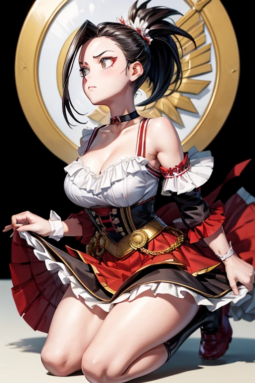 a full body illustration of momo yaoyorozu from My Hero Academia serie, she is using a spiky black ponytail, a large bang framing the right side of her face, and sharp black eyes that exuded intelligence, her well developed body garbed in fashionable attire that consisted of a flower-patterned white blouse that hung off her shoulders, a frilly red bodice and skirt, and black stockings that balanced the black choker bearing a golden, coin-shaped nameplate